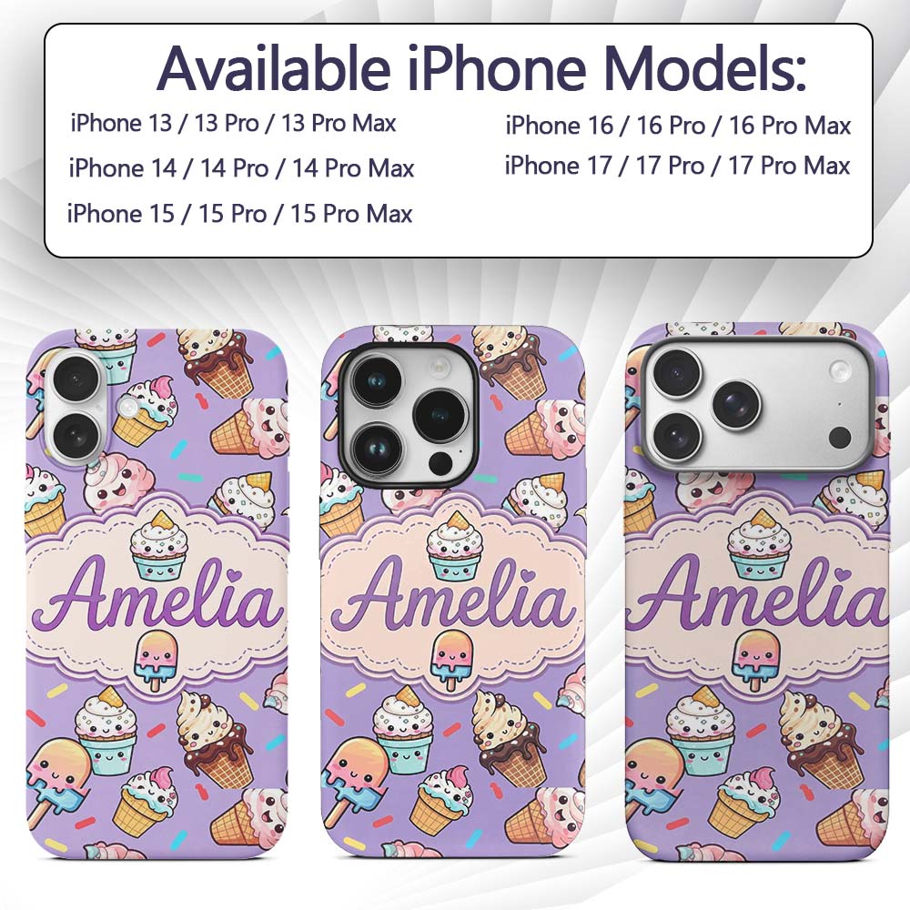Kawaii Ice Cream Cone Popsicle Sweet Dessert Custom Name Protective Phone Case Mobile Cover Durable Everyday Smartphone Shock Resistant