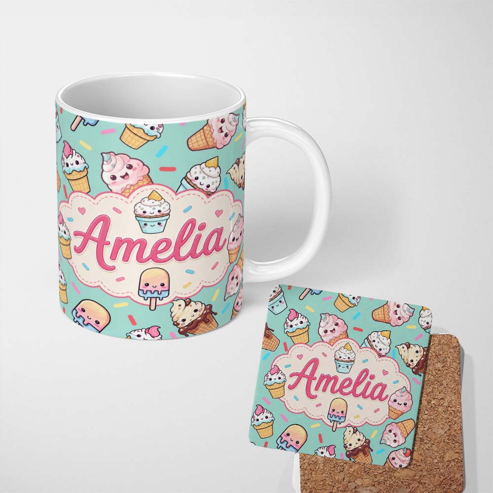 Personalized Custom Name Kawaii Ice Cream Cone Popsicle Sweet Dessert Seamless Pattern Mint 11oz Ceramic Coffee Tea Mug White Large Handle