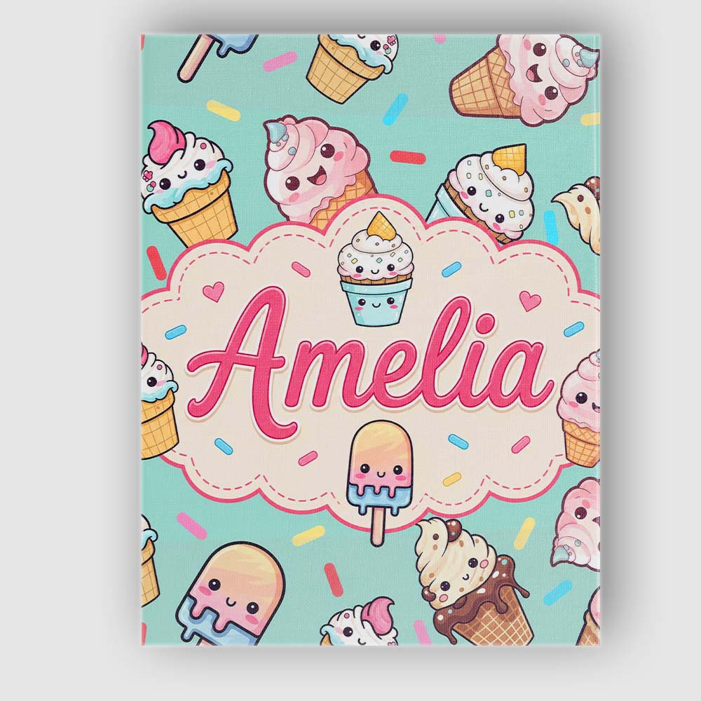 Personalised Name Kawaii Ice Cream Cone Custom  Modern Room Accent Elegant Feature Canvas Wall Art Print Decor Picture Ready to Hang
