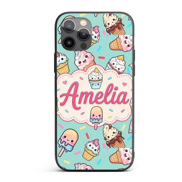 Kawaii Ice Cream Cone Popsicle Sweet Dessert Custom Name Protective Phone Case Mobile Cover Durable Everyday Smartphone Shock Resistant