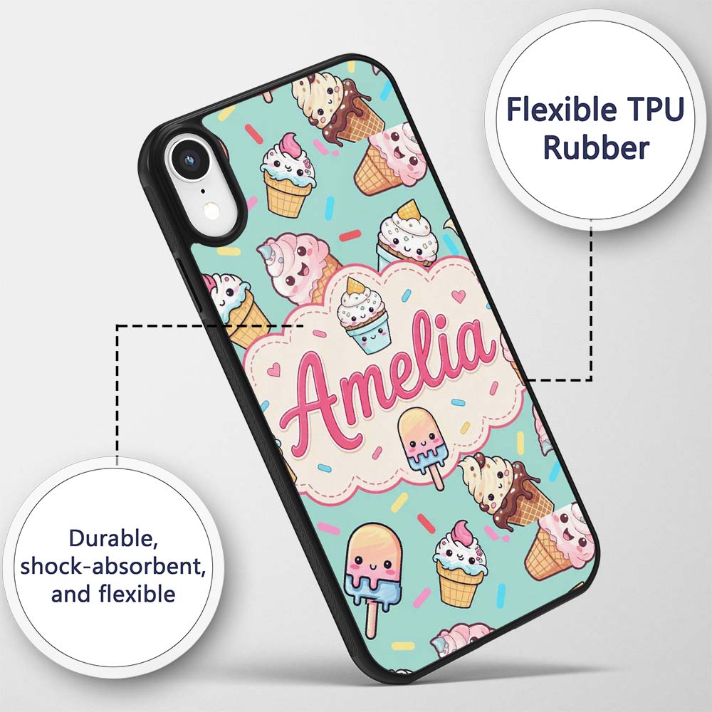 Kawaii Ice Cream Cone Popsicle Sweet Dessert Custom Name Protective Phone Case Mobile Cover Durable Everyday Smartphone Shock Resistant