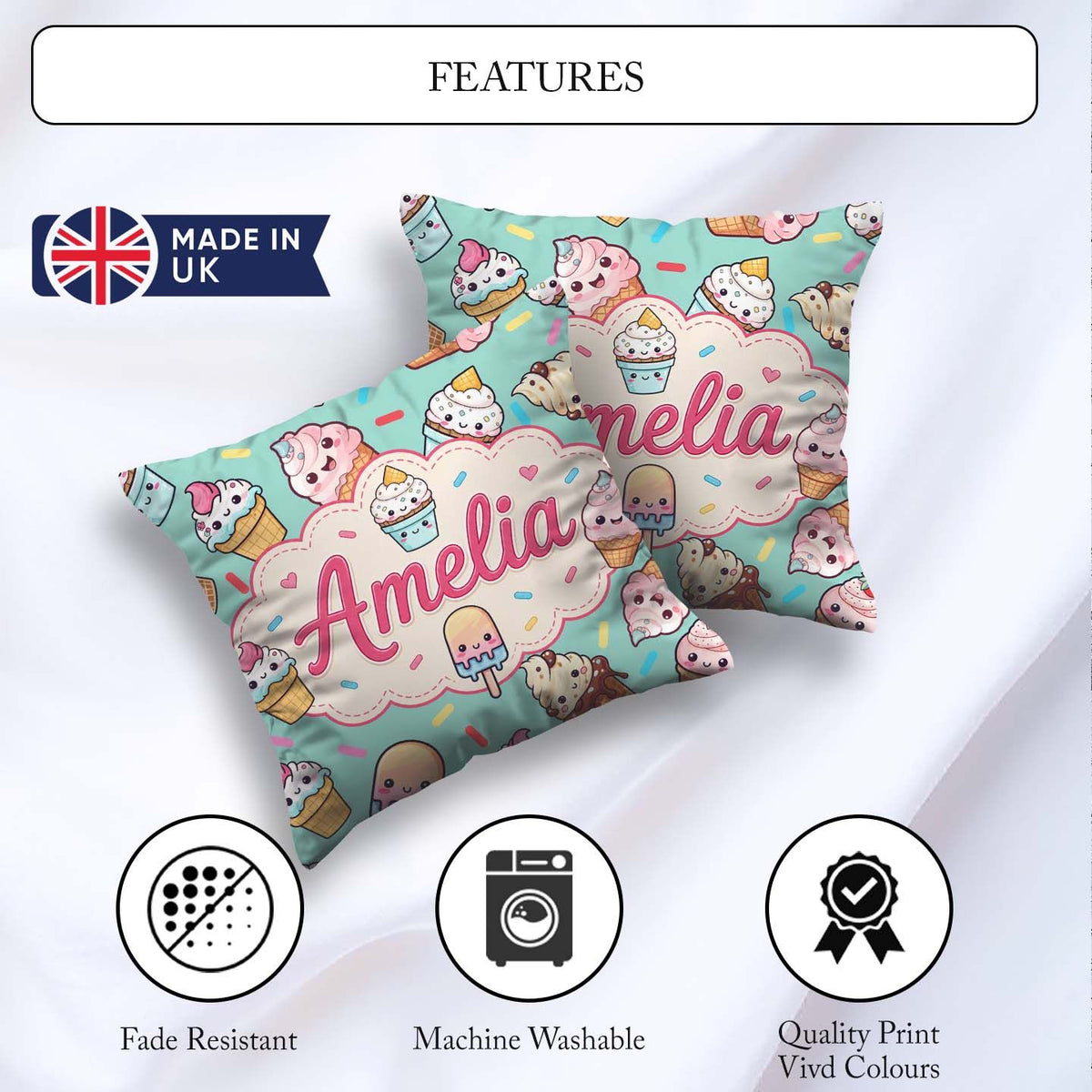 Custom Name Kawaii Ice Cream Cone Popsicle Sweet Dessert Pattern Square Filled Cushion Throw Pillow Sofa Bed Home Decor Zip Washable UK Made