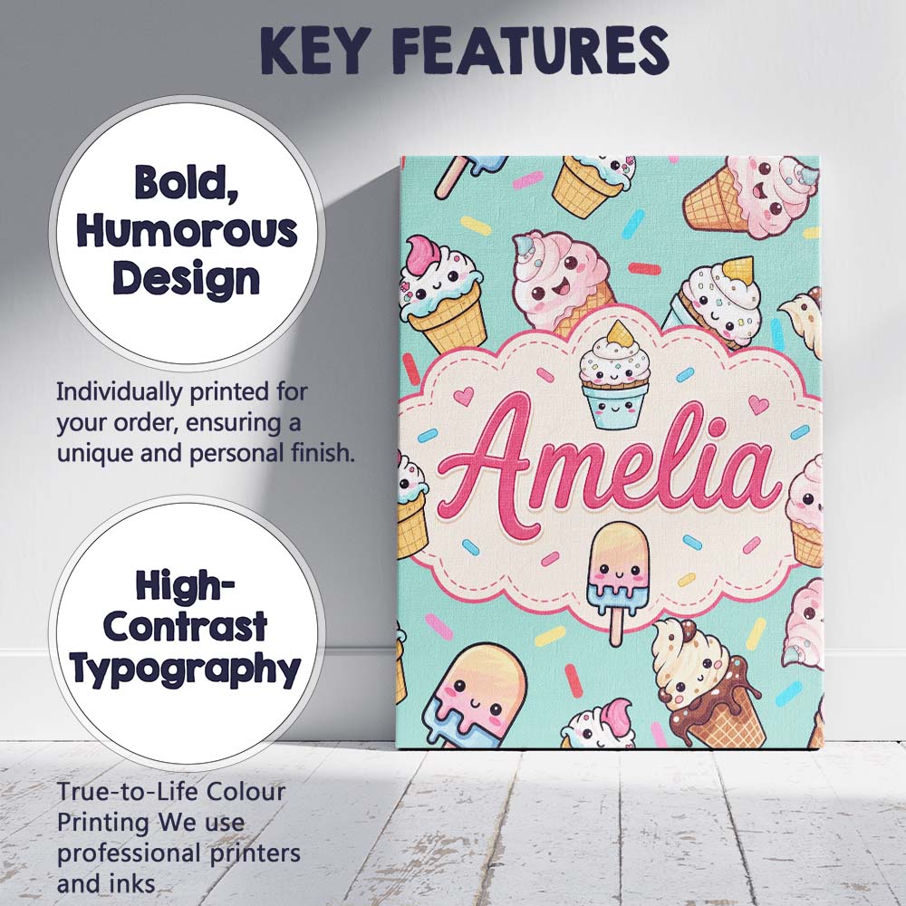 Personalised Name Kawaii Ice Cream Cone Custom  Modern Room Accent Elegant Feature Canvas Wall Art Print Decor Picture Ready to Hang