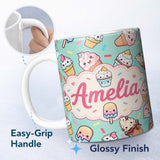 Personalized Custom Name Kawaii Ice Cream Cone Popsicle Sweet Dessert Seamless Pattern Mint 11oz Ceramic Coffee Tea Mug White Large Handle