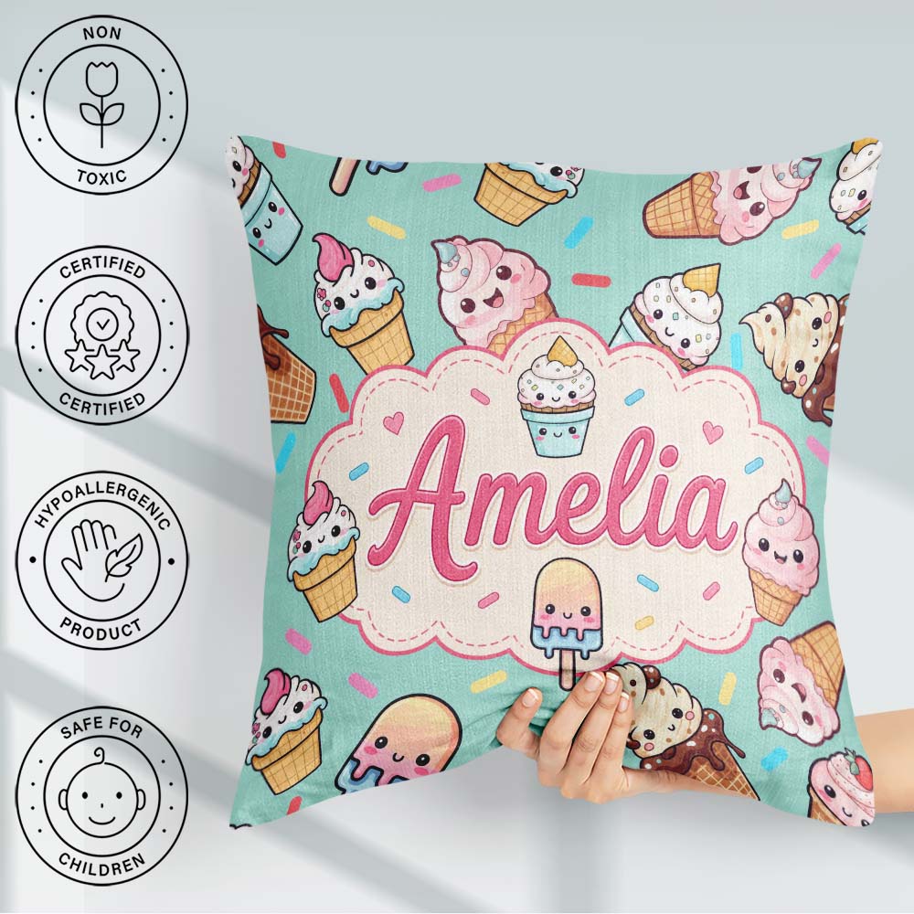 Custom Name Kawaii Ice Cream Cone Popsicle Sweet Dessert Pattern Square Filled Cushion Throw Pillow Sofa Bed Home Decor Zip Washable UK Made