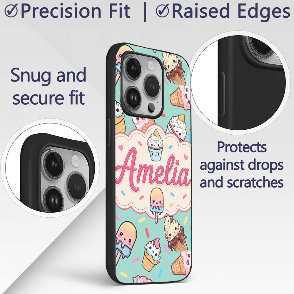 Kawaii Ice Cream Cone Popsicle Sweet Dessert Custom Name Protective Phone Case Mobile Cover Durable Everyday Smartphone Shock Resistant