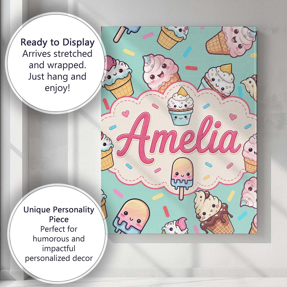 Personalised Name Kawaii Ice Cream Cone Custom  Modern Room Accent Elegant Feature Canvas Wall Art Print Decor Picture Ready to Hang