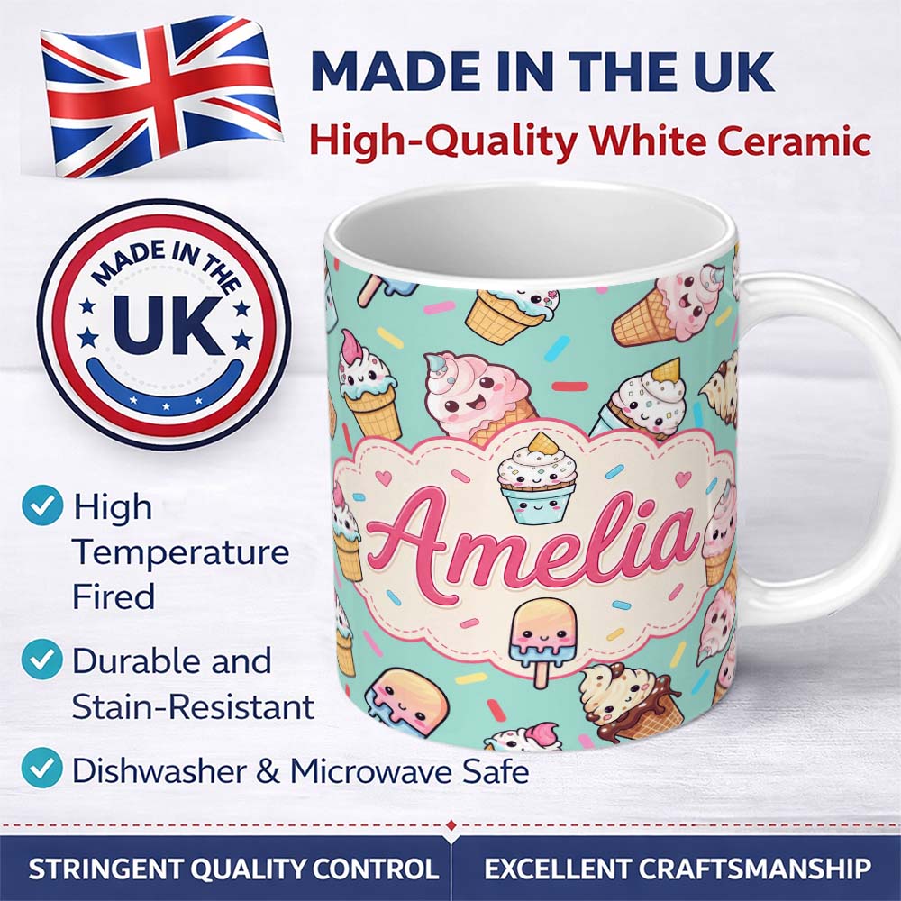 Personalized Custom Name Kawaii Ice Cream Cone Popsicle Sweet Dessert Seamless Pattern Mint 11oz Ceramic Coffee Tea Mug White Large Handle