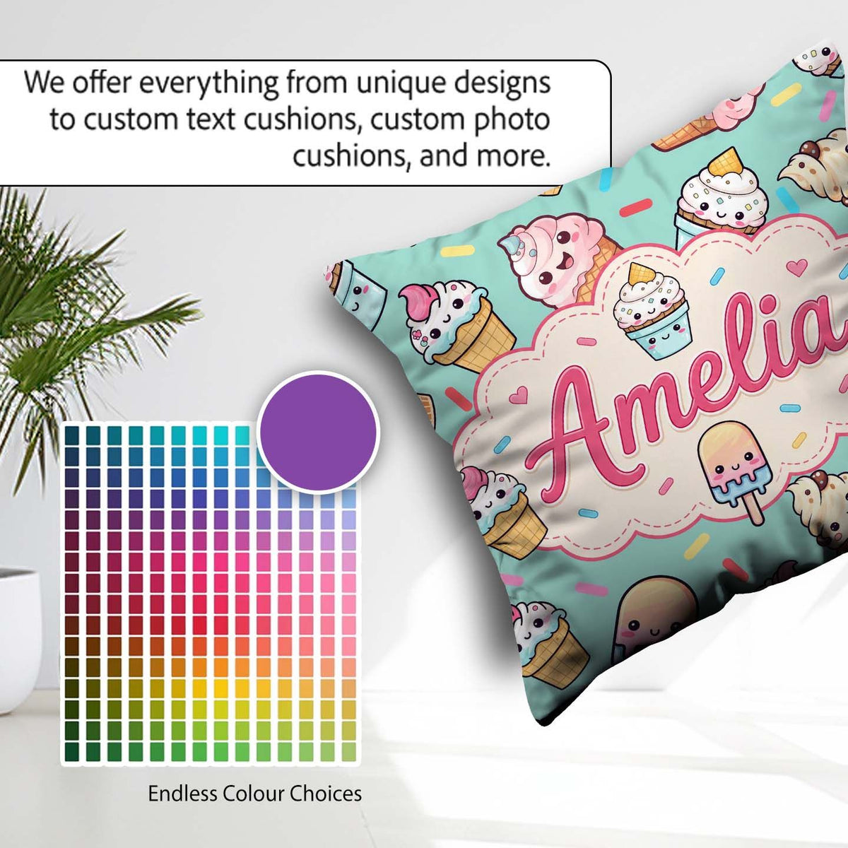 Custom Name Kawaii Ice Cream Cone Popsicle Sweet Dessert Pattern Square Filled Cushion Throw Pillow Sofa Bed Home Decor Zip Washable UK Made