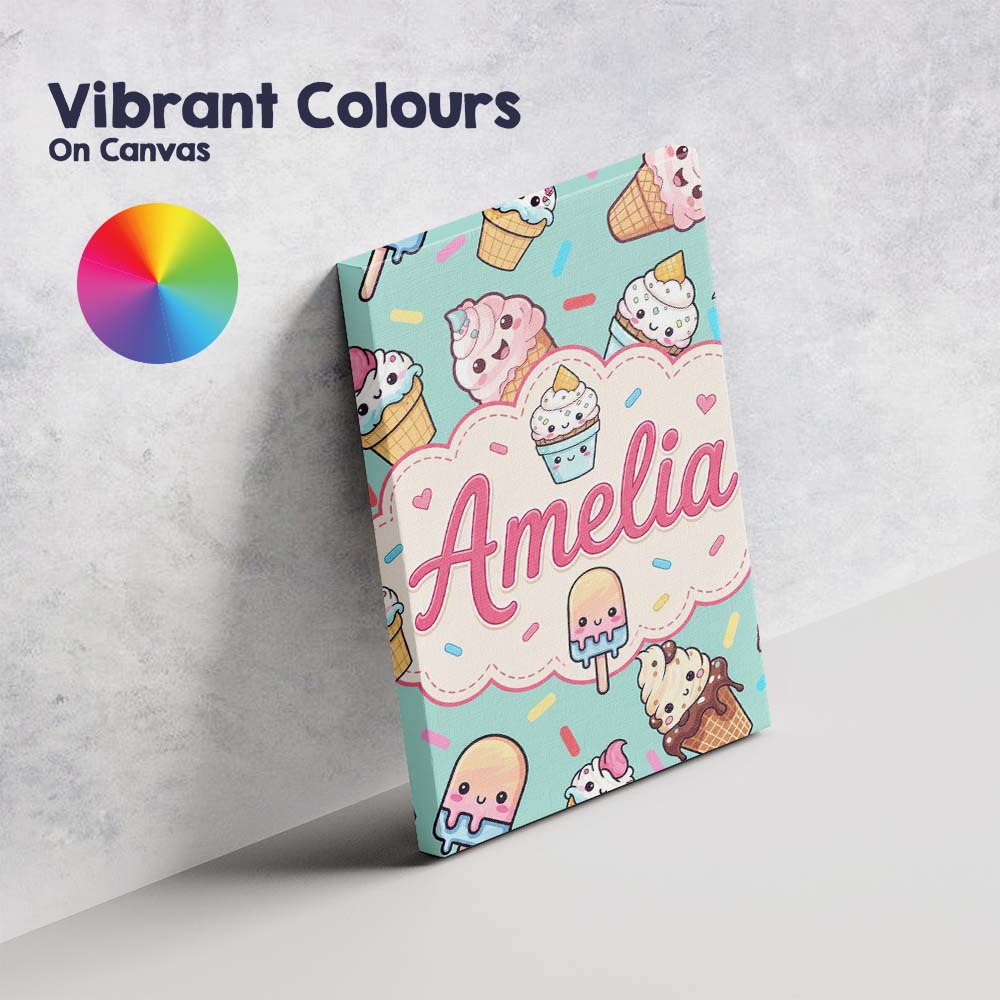 Personalised Name Kawaii Ice Cream Cone Custom  Modern Room Accent Elegant Feature Canvas Wall Art Print Decor Picture Ready to Hang