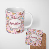 Personalized Custom Name Kawaii Ice Cream Cone Popsicle Sweet Dessert Seamless Pattern Soft 11oz Ceramic Coffee Tea Mug White Large Handle