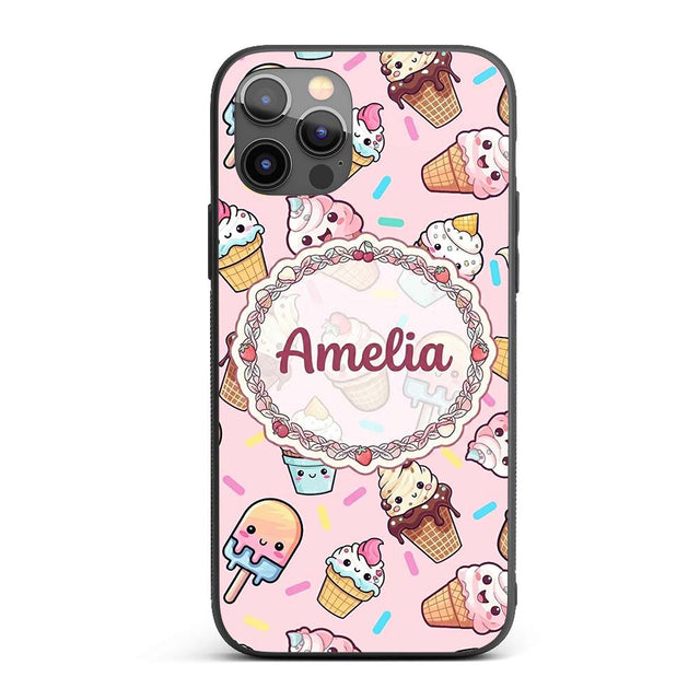 Kawaii Ice Cream Cone Popsicle Sweet Dessert Custom Name Protective Phone Case Mobile Cover Durable Everyday Smartphone Shock Resistant