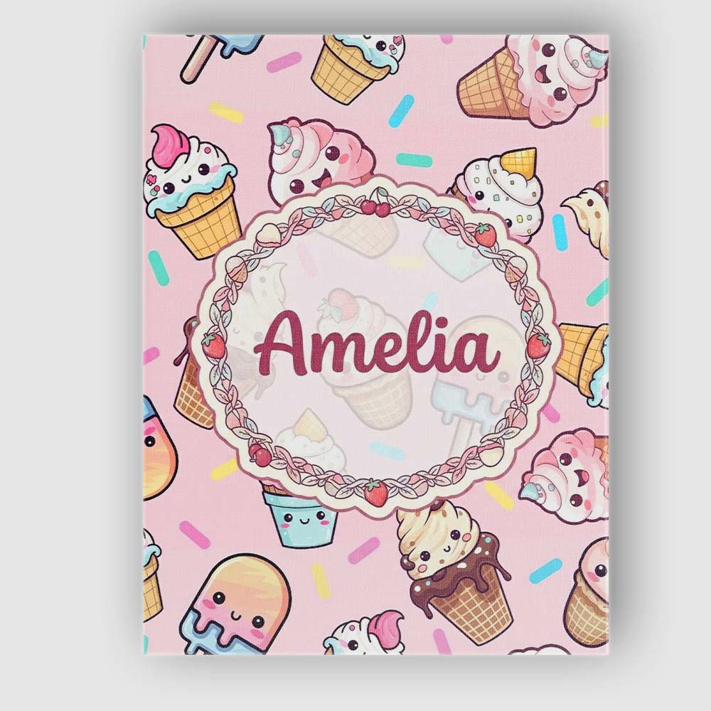 Personalised Name Kawaii Ice Cream Cone Custom  Modern Room Accent Elegant Feature Canvas Wall Art Print Decor Picture Ready to Hang