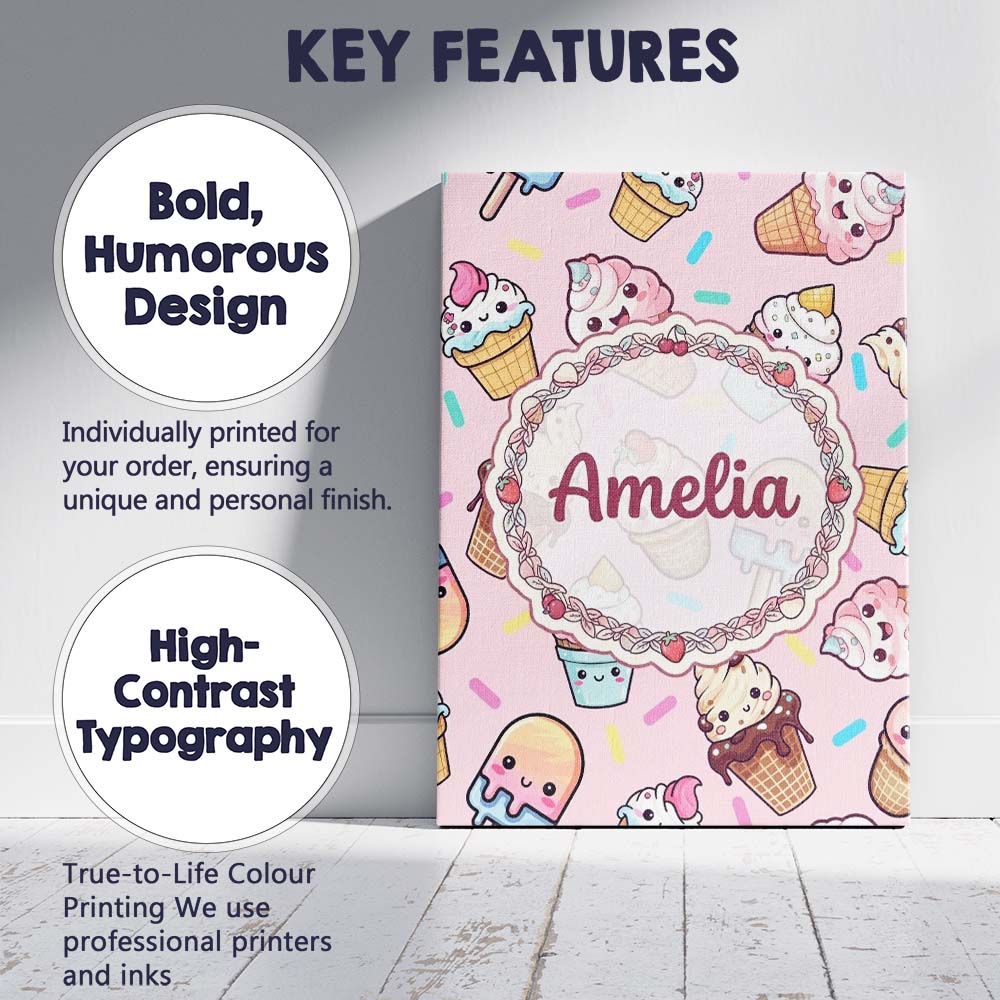 Personalised Name Kawaii Ice Cream Cone Custom  Modern Room Accent Elegant Feature Canvas Wall Art Print Decor Picture Ready to Hang