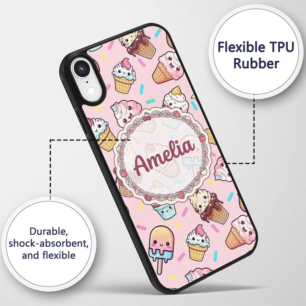 Kawaii Ice Cream Cone Popsicle Sweet Dessert Custom Name Protective Phone Case Mobile Cover Durable Everyday Smartphone Shock Resistant