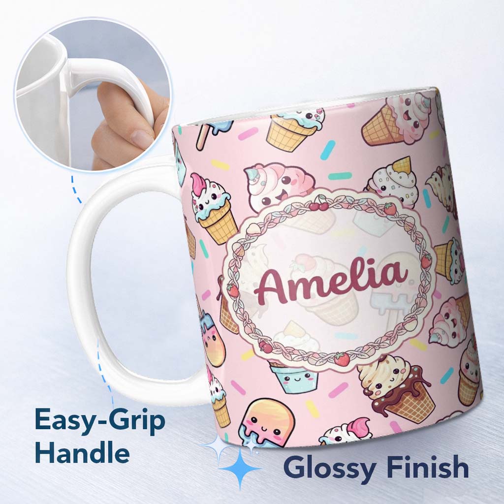 Personalized Custom Name Kawaii Ice Cream Cone Popsicle Sweet Dessert Seamless Pattern Soft 11oz Ceramic Coffee Tea Mug White Large Handle