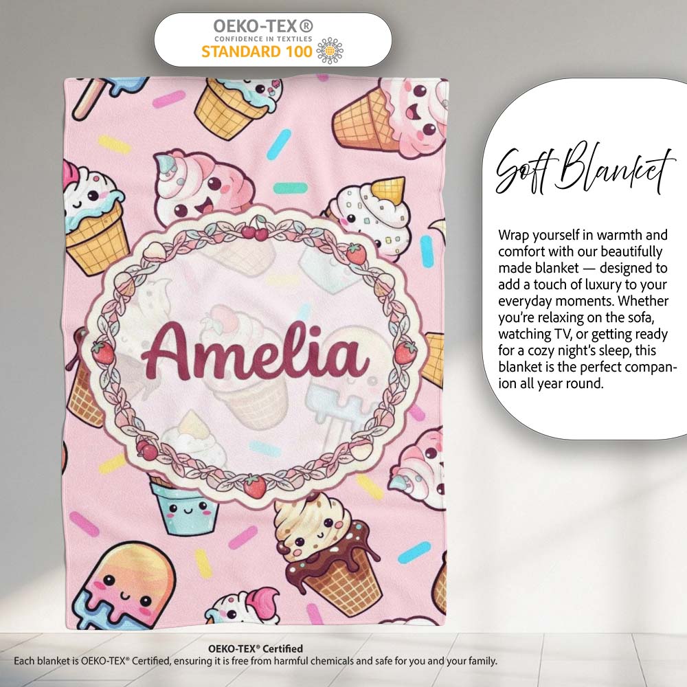 Kawaii Ice Cream Cone Popsicle Sweet Dessert Seamless Pattern Soft  Personalised Custom Name Super Soft Fleece Blanket Bed Sofa Throw