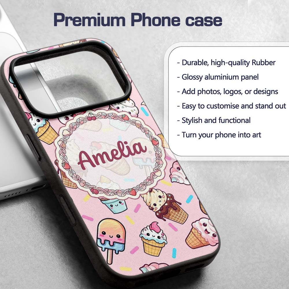 Kawaii Ice Cream Cone Popsicle Sweet Dessert Custom Name Protective Phone Case Mobile Cover Durable Everyday Smartphone Shock Resistant