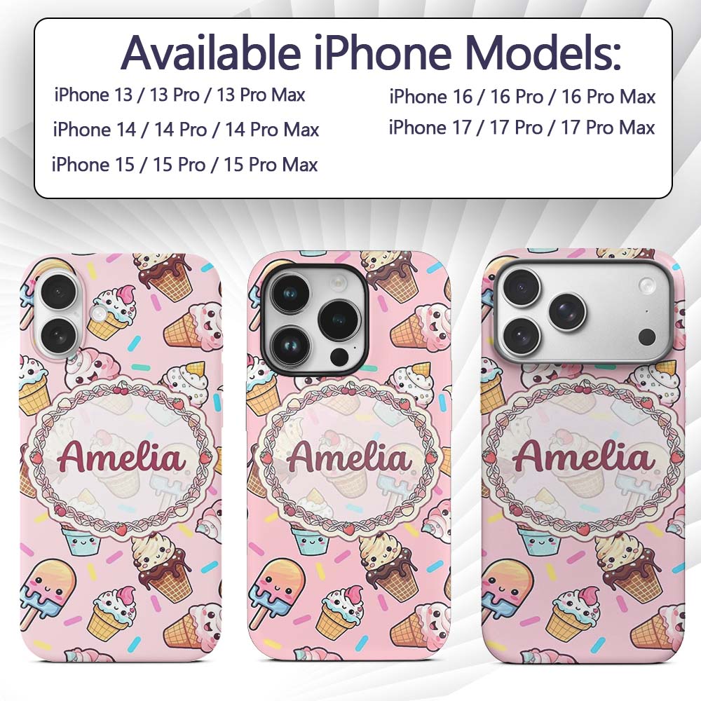 Kawaii Ice Cream Cone Popsicle Sweet Dessert Custom Name Protective Phone Case Mobile Cover Durable Everyday Smartphone Shock Resistant