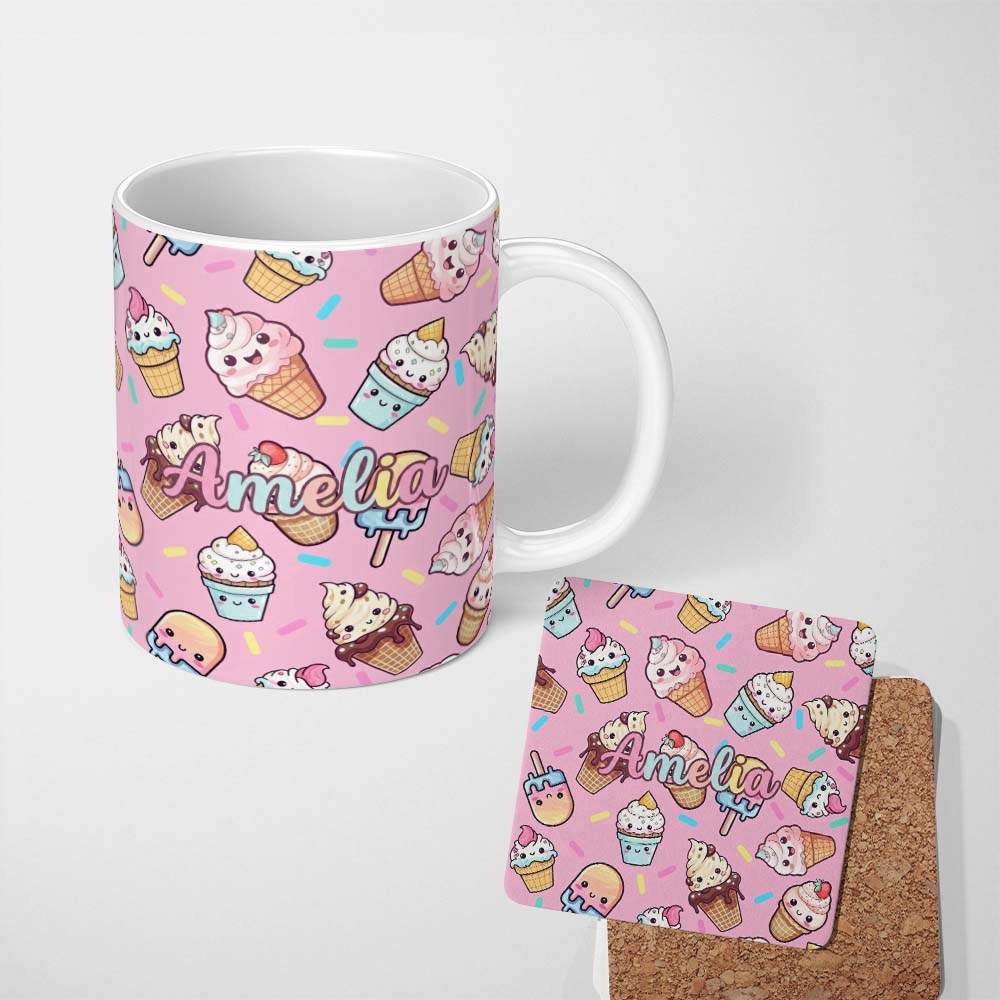 Personalized Custom Name Kawaii Ice Cream Cone Popsicle Sweet Dessert Seamless Pattern Blush 11oz Ceramic Coffee Tea Mug White Large Handle