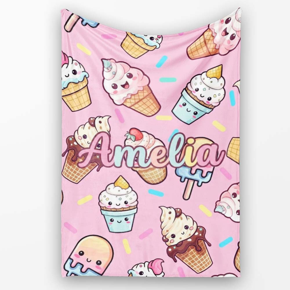 Kawaii Ice Cream Cone Popsicle Sweet Dessert Seamless Pattern Blush  Personalised Custom Name Super Soft Fleece Blanket Bed Sofa Throw