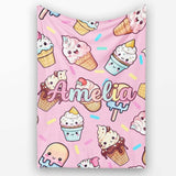 Kawaii Ice Cream Cone Popsicle Sweet Dessert Seamless Pattern Blush  Personalised Custom Name Super Soft Fleece Blanket Bed Sofa Throw