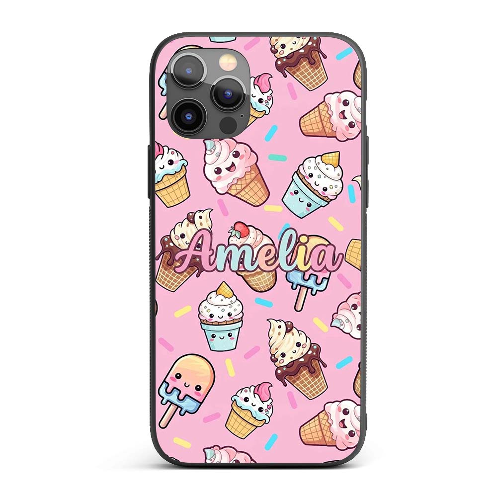 Kawaii Ice Cream Cone Popsicle Sweet Dessert Custom Name Protective Phone Case Mobile Cover Durable Everyday Smartphone Shock Resistant