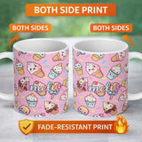 Personalized Custom Name Kawaii Ice Cream Cone Popsicle Sweet Dessert Seamless Pattern Blush 11oz Ceramic Coffee Tea Mug White Large Handle