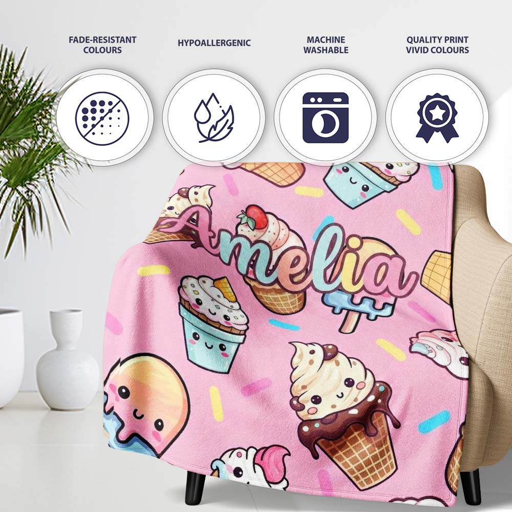 Kawaii Ice Cream Cone Popsicle Sweet Dessert Seamless Pattern Blush  Personalised Custom Name Super Soft Fleece Blanket Bed Sofa Throw