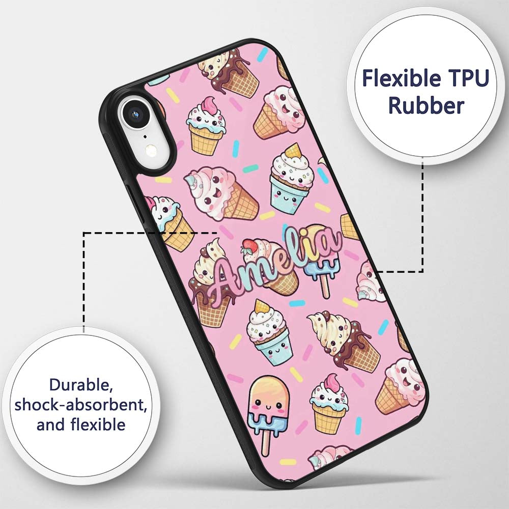Kawaii Ice Cream Cone Popsicle Sweet Dessert Custom Name Protective Phone Case Mobile Cover Durable Everyday Smartphone Shock Resistant