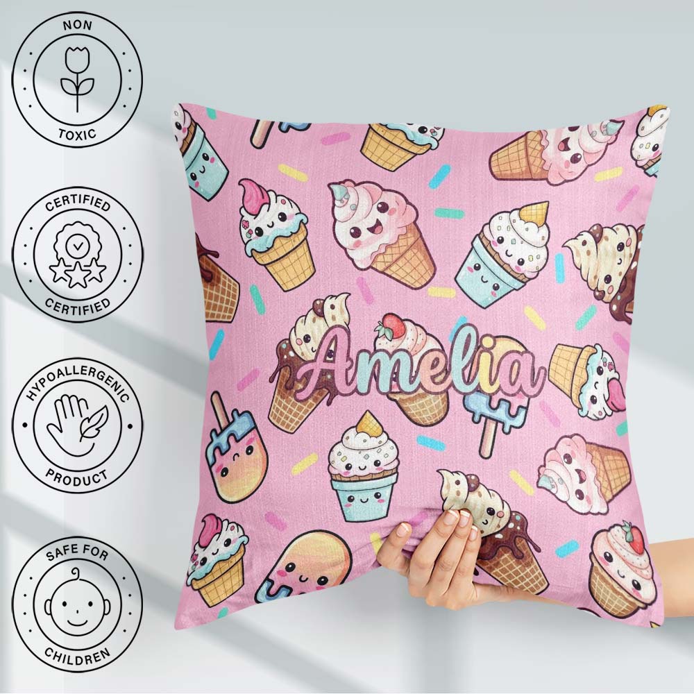 Custom Name Kawaii Ice Cream Cone Popsicle Sweet Dessert Pattern Square Filled Cushion Throw Pillow Sofa Bed Home Decor Zip Washable UK Made