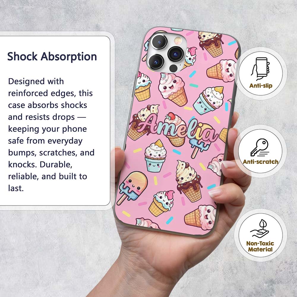 Kawaii Ice Cream Cone Popsicle Sweet Dessert Custom Name Protective Phone Case Mobile Cover Durable Everyday Smartphone Shock Resistant