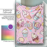 Kawaii Ice Cream Cone Popsicle Sweet Dessert Seamless Pattern Blush  Personalised Custom Name Super Soft Fleece Blanket Bed Sofa Throw