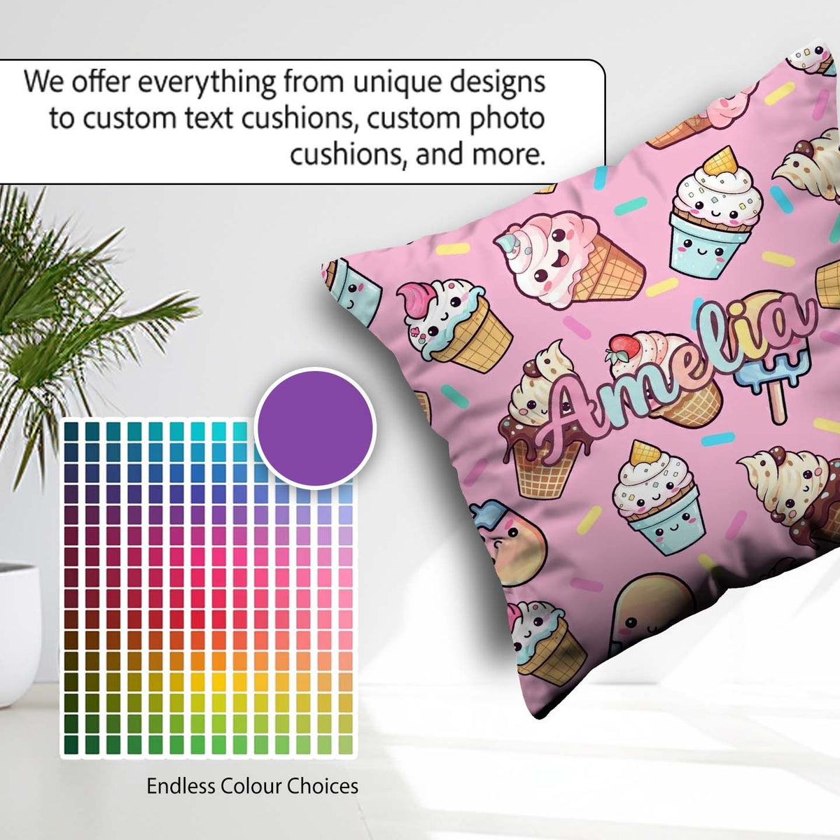 Custom Name Kawaii Ice Cream Cone Popsicle Sweet Dessert Pattern Square Filled Cushion Throw Pillow Sofa Bed Home Decor Zip Washable UK Made