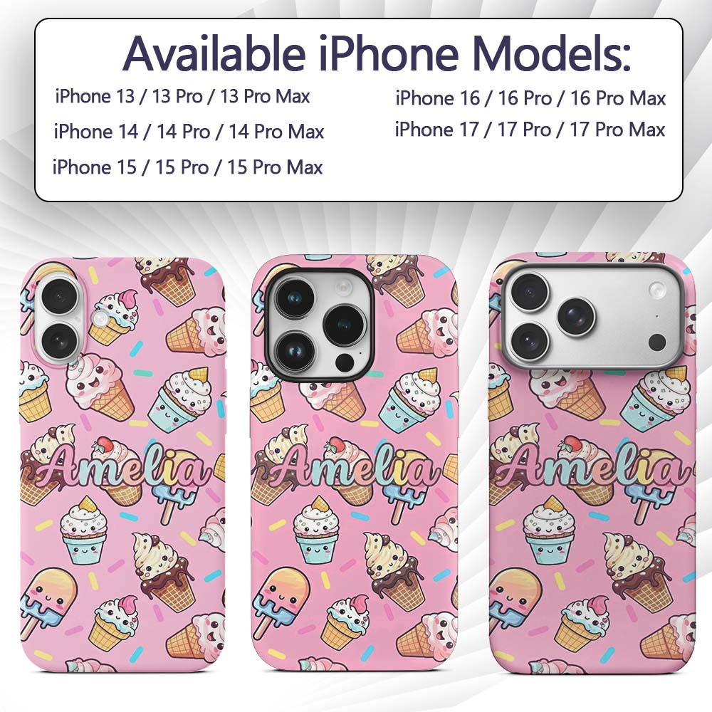 Kawaii Ice Cream Cone Popsicle Sweet Dessert Custom Name Protective Phone Case Mobile Cover Durable Everyday Smartphone Shock Resistant
