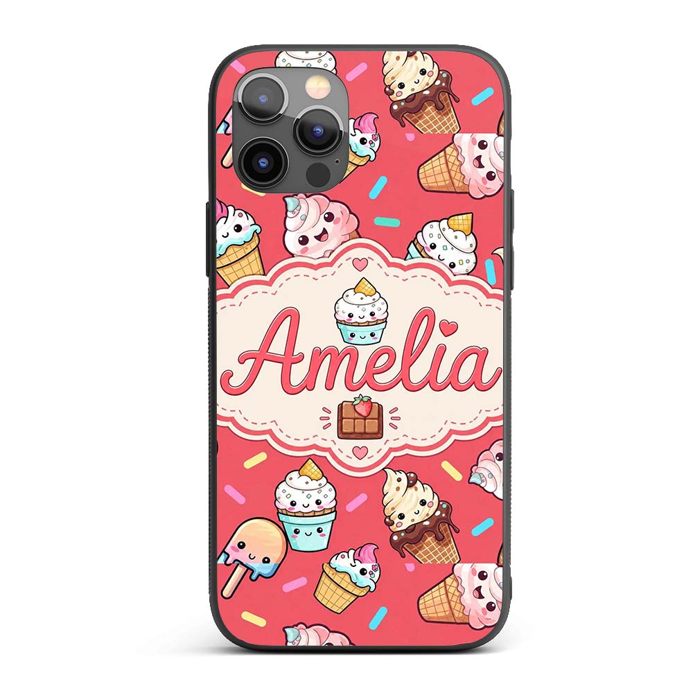 Kawaii Ice Cream Cone Popsicle Sweet Dessert Custom Name Protective Phone Case Mobile Cover Durable Everyday Smartphone Shock Resistant