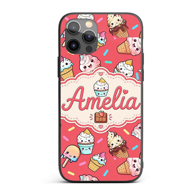 Kawaii Ice Cream Cone Popsicle Sweet Dessert Custom Name Protective Phone Case Mobile Cover Durable Everyday Smartphone Shock Resistant