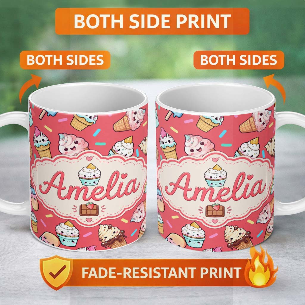 Personalized Custom Name Kawaii Ice Cream Cone Popsicle Sweet Dessert Seamless Pattern Coral 11oz Ceramic Coffee Tea Mug White Large Handle