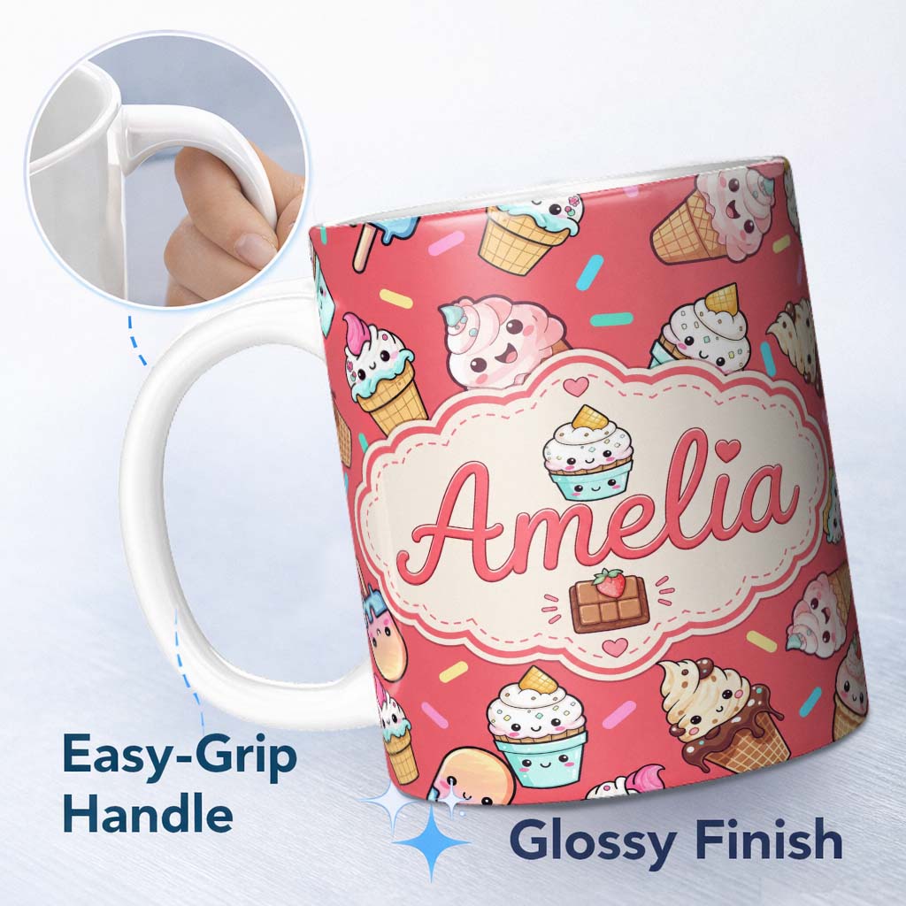 Personalized Custom Name Kawaii Ice Cream Cone Popsicle Sweet Dessert Seamless Pattern Coral 11oz Ceramic Coffee Tea Mug White Large Handle