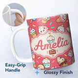 Personalized Custom Name Kawaii Ice Cream Cone Popsicle Sweet Dessert Seamless Pattern Coral 11oz Ceramic Coffee Tea Mug White Large Handle