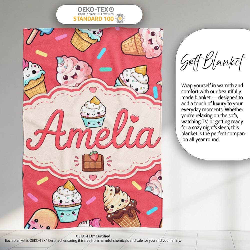 Kawaii Ice Cream Cone Popsicle Sweet Dessert Seamless Pattern Coral  Personalised Custom Name Super Soft Fleece Blanket Bed Sofa Throw