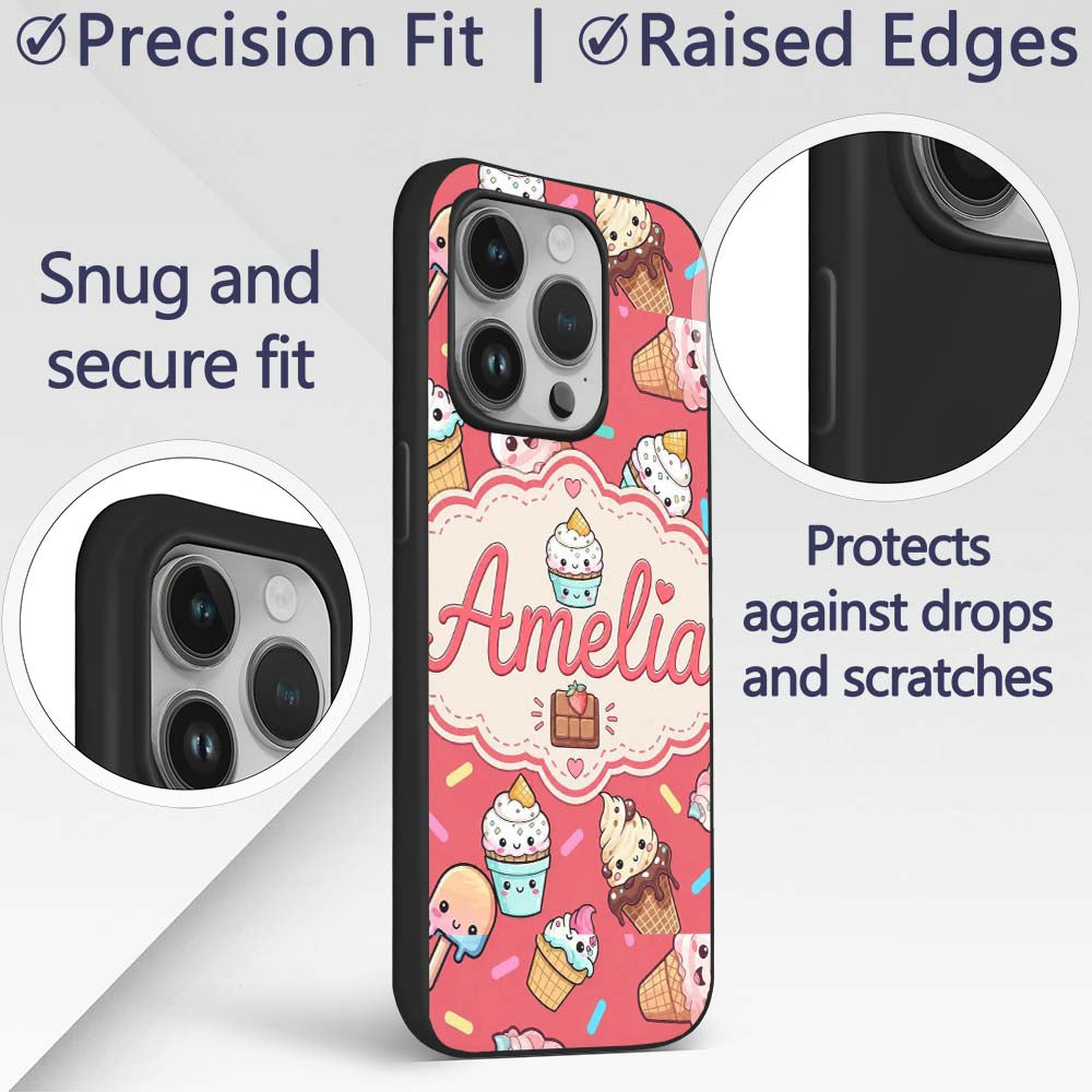 Kawaii Ice Cream Cone Popsicle Sweet Dessert Custom Name Protective Phone Case Mobile Cover Durable Everyday Smartphone Shock Resistant