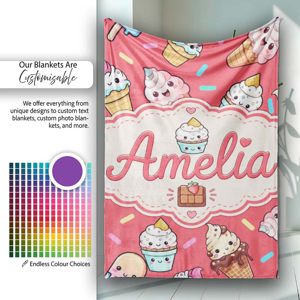 Kawaii Ice Cream Cone Popsicle Sweet Dessert Seamless Pattern Coral  Personalised Custom Name Super Soft Fleece Blanket Bed Sofa Throw