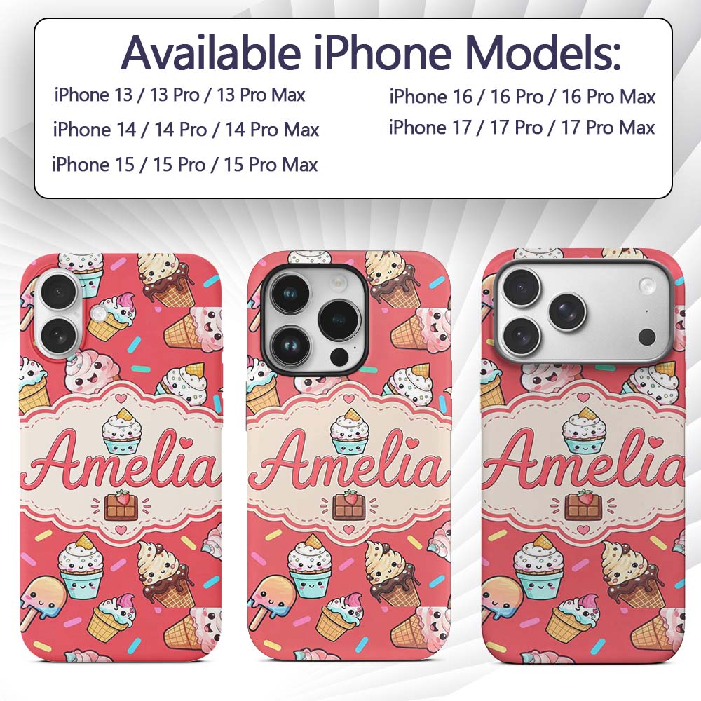 Kawaii Ice Cream Cone Popsicle Sweet Dessert Custom Name Protective Phone Case Mobile Cover Durable Everyday Smartphone Shock Resistant