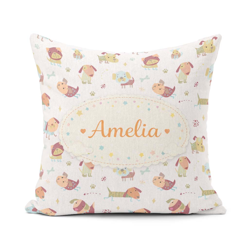 Custom Name Cute Cartoon Dogs Playful Pet Seamless Pattern for Square Filled Cushion Throw Pillow Sofa Bed Home Decor Zip Washable UK Made