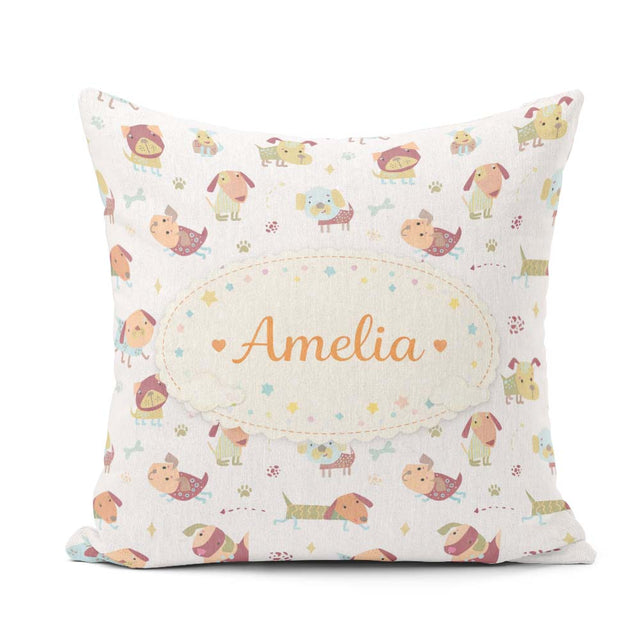Custom Name Cute Cartoon Dogs Playful Pet Seamless Pattern for Square Filled Cushion Throw Pillow Sofa Bed Home Decor Zip Washable UK Made