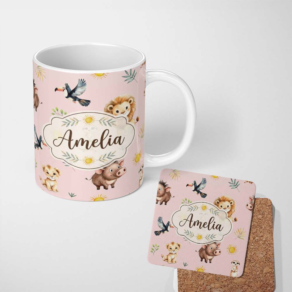 Personalized Custom Name Cute Safari Animals Lion Meerkat, Warthog with Sun and Leaves on 11oz Ceramic Coffee Tea Mug White Large Handle