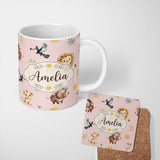 Personalized Custom Name Cute Safari Animals Lion Meerkat, Warthog with Sun and Leaves on 11oz Ceramic Coffee Tea Mug White Large Handle