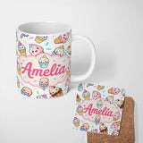 Personalized Custom Name Kawaii Ice Cream Cone Popsicle Sweet Dessert Seamless Pattern Light 11oz Ceramic Coffee Tea Mug White Large Handle