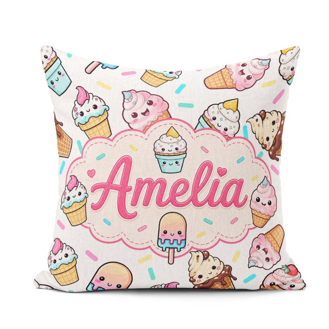 Custom Name Kawaii Ice Cream Cone Popsicle Sweet Dessert Pattern Square Filled Cushion Throw Pillow Sofa Bed Home Decor Zip Washable UK Made